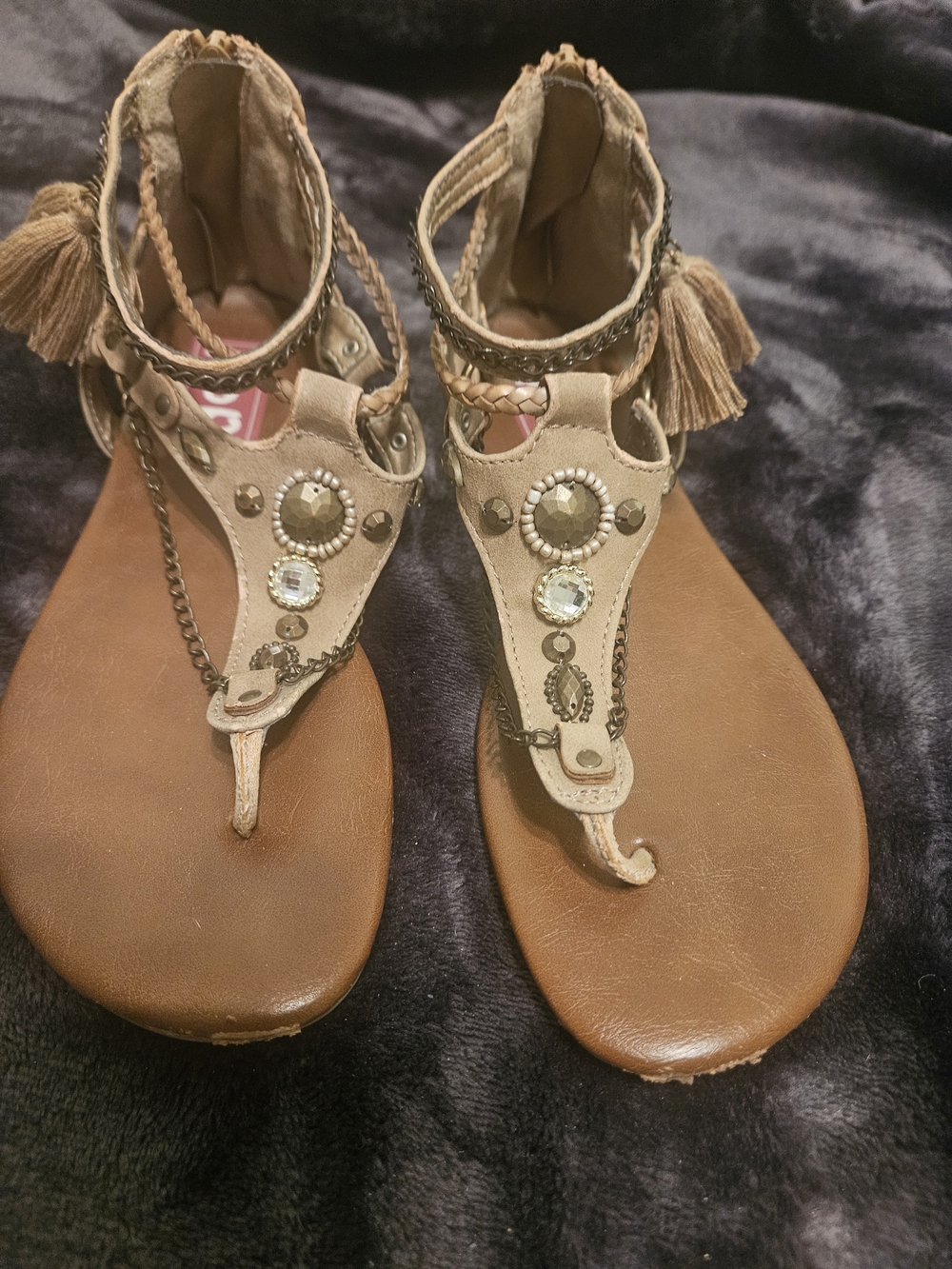 Beaded Tassel Tan Gladiator Sandals - Women's